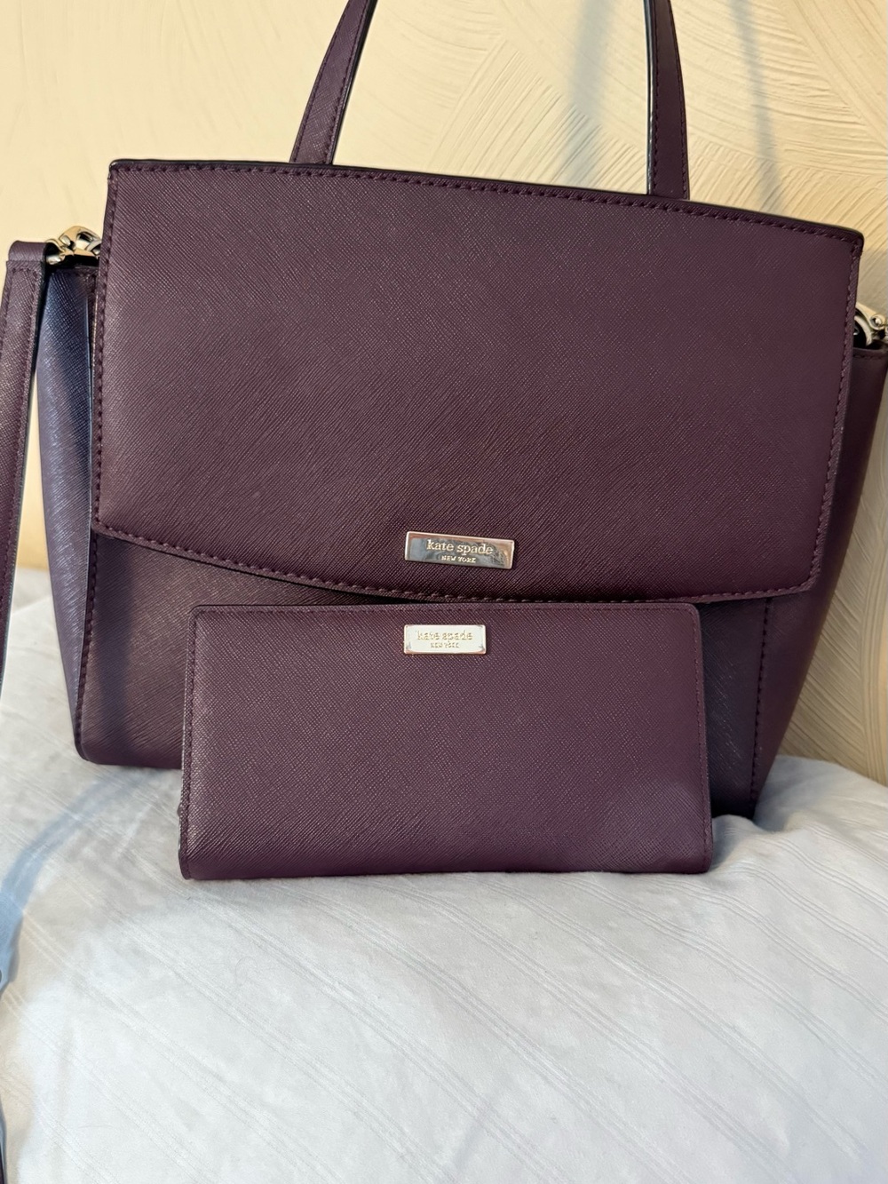 kate spade plum saffiano satchel with matching wallet
